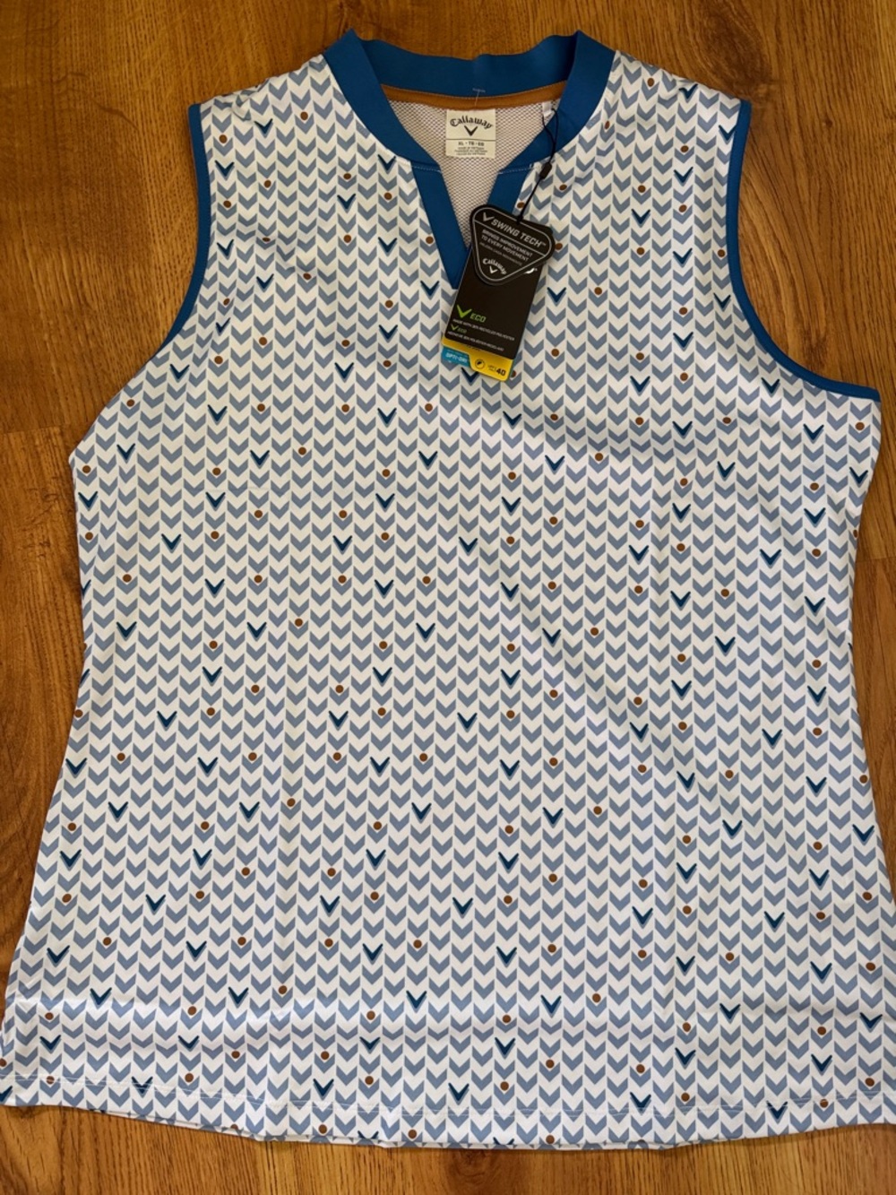 Callaway Blue & White Chevron Sleeveless Golf Top with Tan Dots